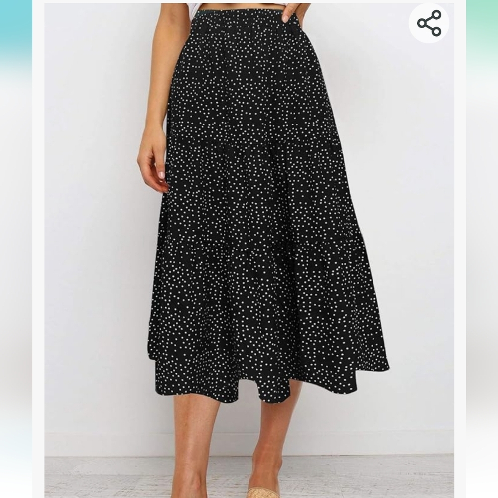 Black polka dot high waist midi elastic waist skirt XL